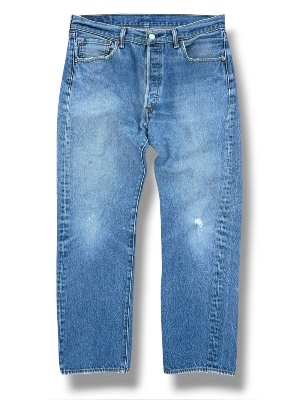 Y2K Levi’s 501 Distressed Light Wash Blue Jeans Size 34x28 Button Fly Mexico